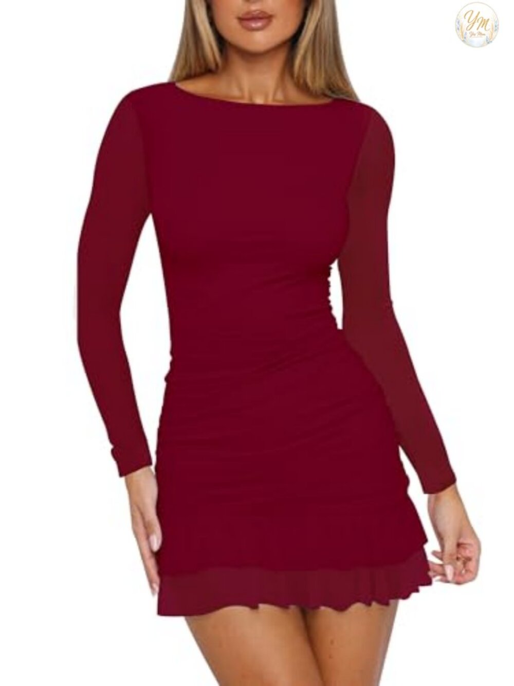 Women's Bodycon Mini Dress Boat Neck Sheer Mesh Long Sleeve Ruffle Hem Club